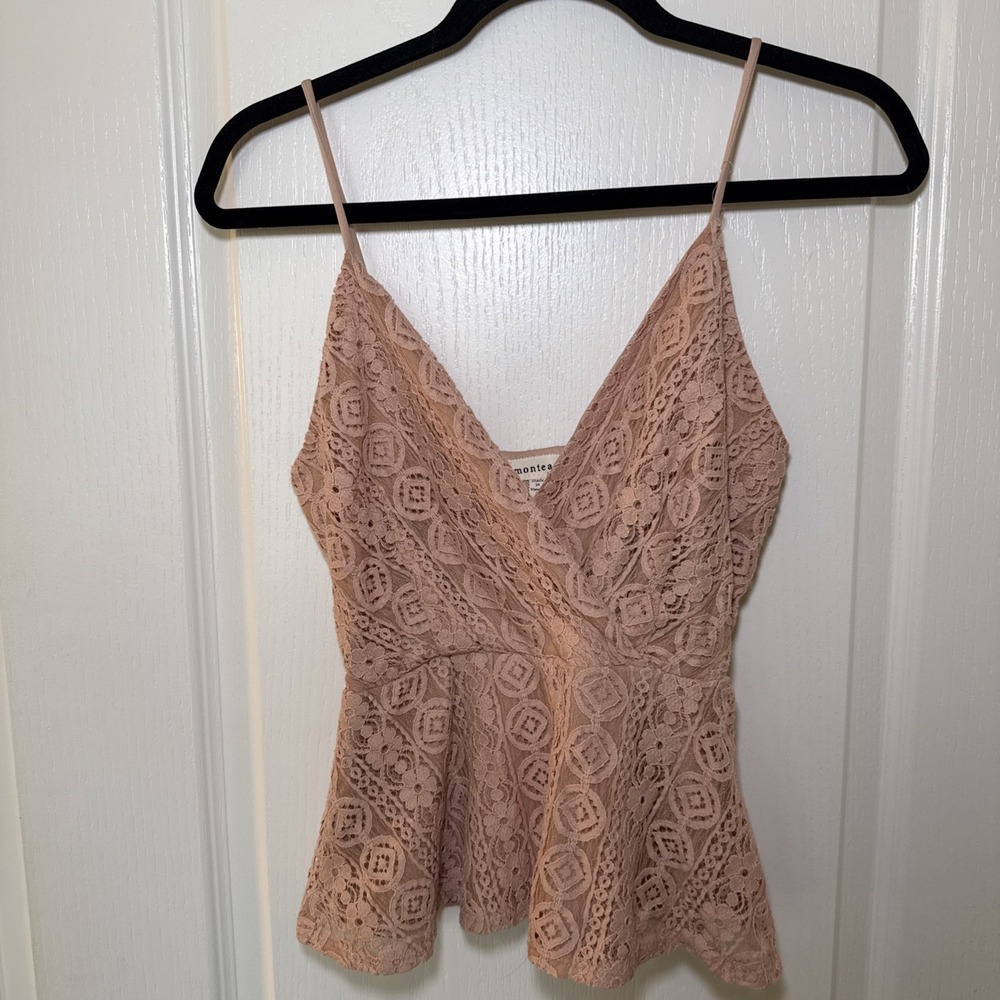 Monteau LA Tan Crochet Lace Surplice Top Sz S V-Neck Adjustable Strap Boho